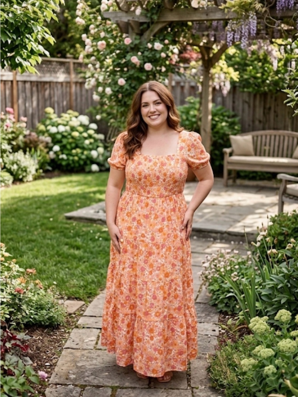 NWT Papillon maxi dress XXL 16‎ 100% Viscose orange flower power ruffle tiered